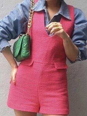 Zara Textured Weave Jumpsuit Romper Fuchsia Pink Medium Tweed SS21